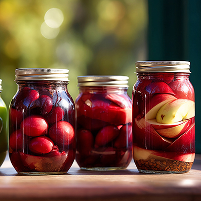 Ways to use fruit with several jars of pickled fruit.